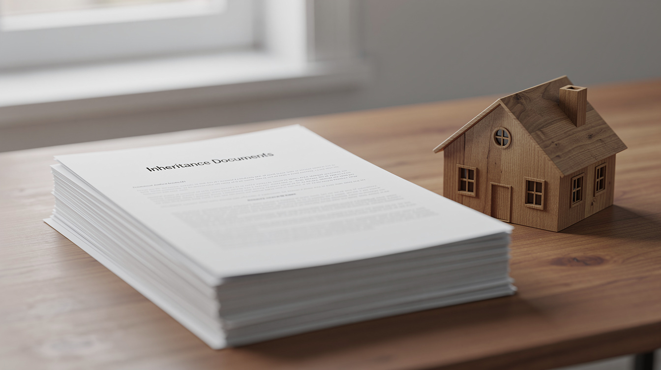 Stack of inheritance documents with small house model