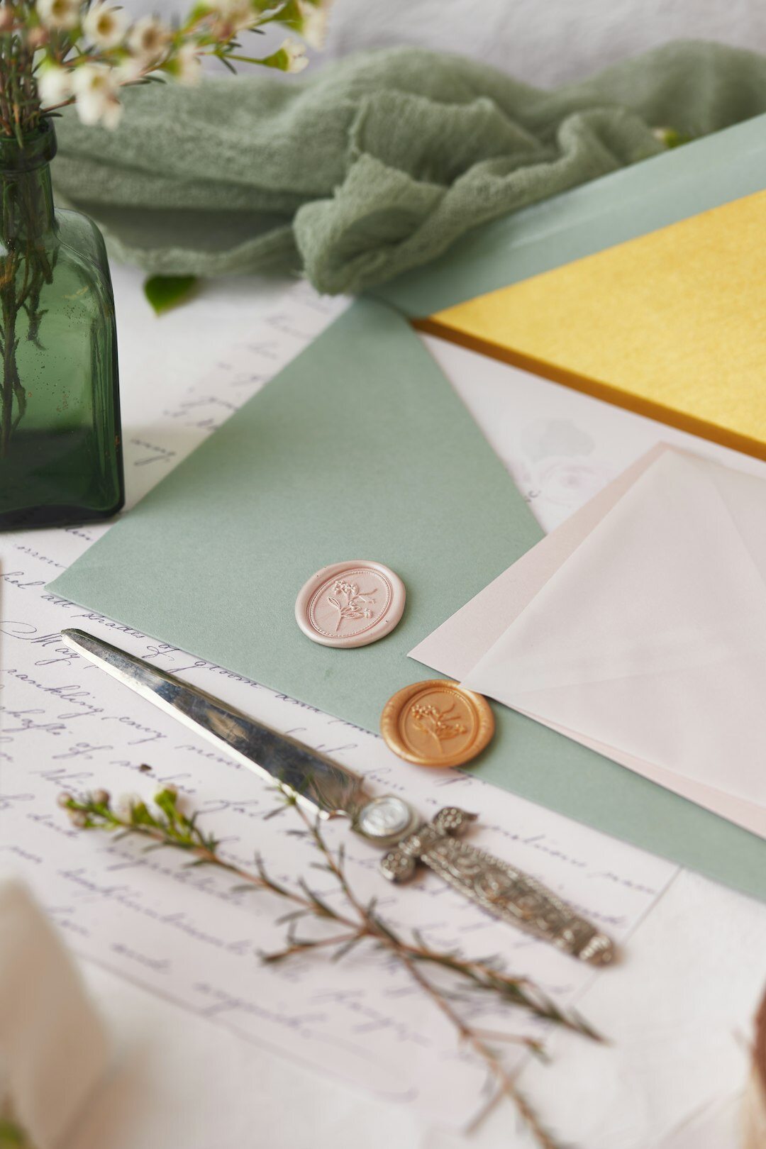 Flat lay of last will document with pen and wax seal