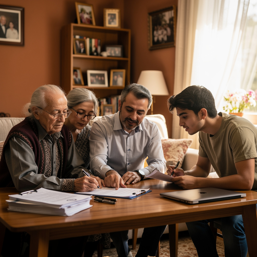 Turkish family signing inheritance documents together